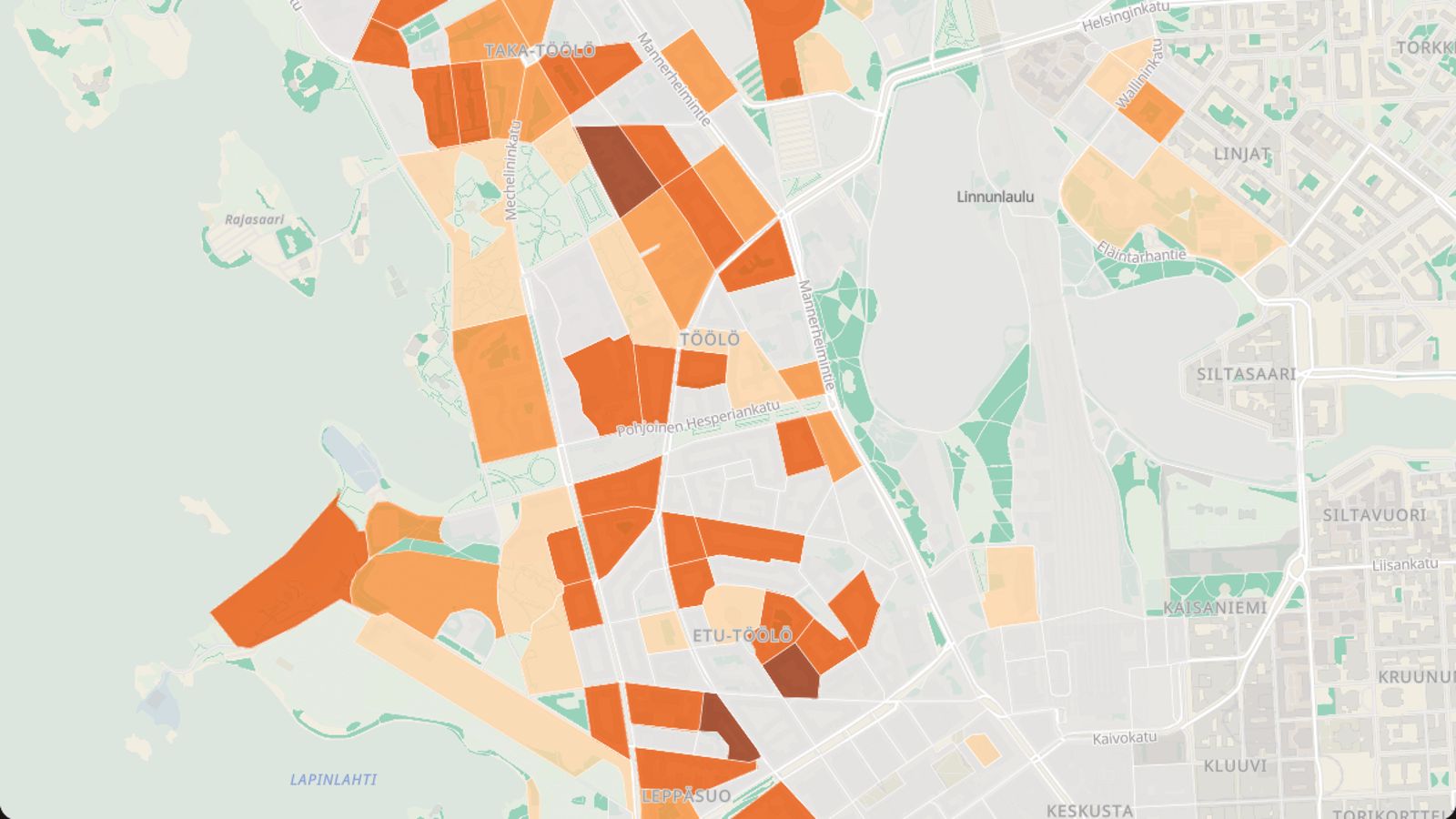 Map of Töölö with street blocks coloured by quietness